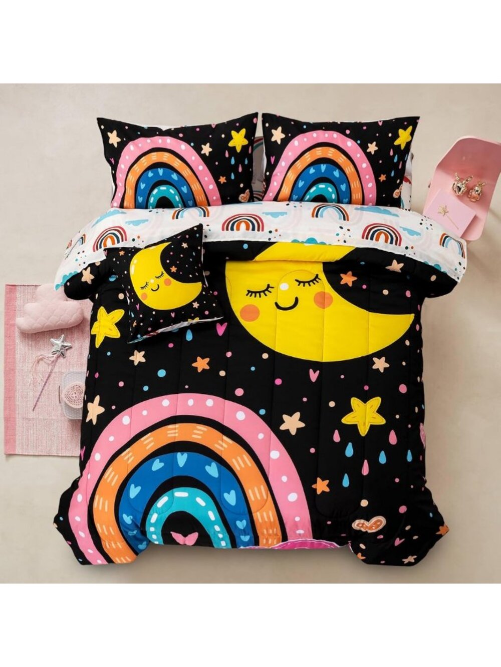Colorful Cartoon Rainbow Bedding Set - 6 Piece Comforter Set for Kids, Twin Size